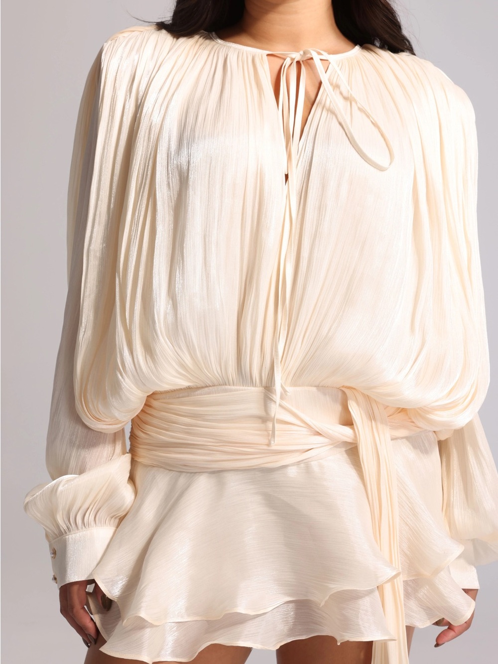 Women's Cream Pleated Chiffon Tie-Front Dress